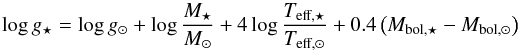 \begin{equation} \log g_{\star}=\log g_{\odot}+\log{\frac{{M}_{\star}}{{M}_{\odot}}}+ 4\log{ \frac{T_{\textrm{eff,}\star}}{T_{\textrm{eff,}\odot}} }+0.4\left(M_{\textrm{bol,}\star}-M_{\textrm{bol,}\odot}\right) \end{equation}