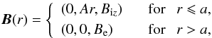 \begin{equation} \label{eq:magnfield} {\vec B}(r) = \left\{ \begin{array}{lc} (0, Ar, B_{{\rm i} z}) & ~~~{\rm for}~~~ r \leqslant a, \\[1mm] (0, 0, B_{\rm e}) & ~~~{\rm for}~~~ r > a, \end{array} \right. \end{equation}