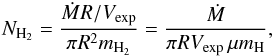 \begin{eqnarray} \label{f3} N_{\rm H_{2}} = \frac{\dot{M}R/V_{\rm exp}}{\pi R^{2} m_{\rm H_{2}}} = \frac{\dot{M}}{\pi R V_{\rm exp}\, \mu m_{\rm H}} , \end{eqnarray}