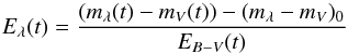 \begin{equation} \label{ExtK3} E_\lambda (t)= { (m_\lambda(t) - m_{V}(t)) - (m_\lambda - m_{V})_0\over E_{B-V}(t) } \end{equation}