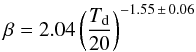 \begin{eqnarray} \beta = 2.04 \left( \frac{T_{\rm d}}{20} \right)^{-1.55\, \pm\, 0.06} \end{eqnarray}