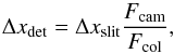 \begin{equation} \Delta x_\mathrm{det} = \Delta x_\mathrm{slit} \frac{F_\mathrm{cam}}{F_\mathrm{col}}, \end{equation}