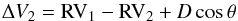 \begin{equation} \Delta V_2 = {\rm RV}_1 - {\rm RV}_2 + D\cos \theta \label{eq:DV2} \end{equation}