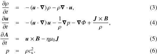 \begin{eqnarray} \pderiv{\rho}{t} &=& -\advec\rho -\rho{\Div\v{u}}, \label{eq:continuity}\\ \pderiv{\v{u}}{t} &=& -\advec\v{u} -\frac{1}{\rho}\del{p} - \del\varPhi + \frac{\v{J}\times\v{B}}{\rho}, \label{eq:navier-stokes}\\ \pderiv{\v{A}}{t} &=& \v{u}\times\v{B} -\eta\mu_0\v{J} \label{eq:induction}\\ p&=&\rho c_{\rm s}^2\label{eq:eos}. \end{eqnarray}