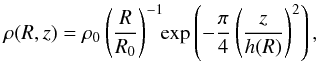 \begin{equation} \label{eq:pascuccidisk} \rho(R,z) = \rho_0 \left(\frac{R}{R_0}\right)^{-1}\!\!\exp\left(-\frac{\pi}{4}\left(\frac{z}{h(R)}\right)^2\right), \end{equation}