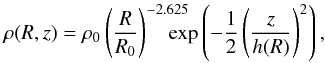 \begin{equation} \label{eq:pintedisk} \rho(R,z) = \rho_0 \left(\frac{R}{R_0}\right)^{-2.625}\!\!\!\!\!\!\!\exp\left(-\frac{1}{2}\left(\frac{z}{h(R)}\right)^2\right), \end{equation}