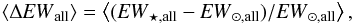 \begin{equation} \left<\Delta \mathit{EW}_{\mathrm{all}}\right> = \left<(\mathit{EW}_{\star,\mathrm{all}}-\mathit{EW}_{\sun,\mathrm{all}})/\mathit{EW}_{\sun,\mathrm{all}}\right>, \label{eq1} \end{equation}