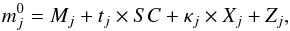 \begin{equation} \label{trans} m^{0}_{j}= M_{j}+t_{j} \times SC + \kappa_{j} \times X_{j} + Z_{j}, \end{equation}