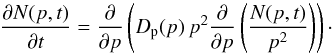 \begin{equation} \frac{\partial N(p,t)}{\partial t}=\frac{\partial }{\partial p}\left(D_{\rm p}(p)\,p^2\frac{\partial }{\partial p}\left(\frac{N(p,t)}{p^2}\right)\right)\cdot \label{eq:6} \end{equation}