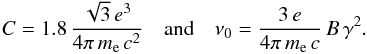 \appendix \setcounter{section}{2} \begin{equation} C=1.8\,\frac{\sqrt{3}\,e^3}{4\pi\,m_{\rm e}\,c^2}\quad\mathrm{and}\quad \nu_0=\frac{3\,e}{4\pi\,m_{\rm e}\,c}\,B\,\gamma^2. \label{eq:a10} \end{equation}