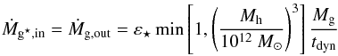 \begin{equation} \dot{M}_{\sfg,\rm in} = \dot{M}_{\nosfg,\rm out} = \varepsilon_{\star}\min\left[1,\left(\dfrac{M_{\rm h}}{10^{12}~\Msun}\right)^3\right]\dfrac{M_{\nosfg}}{t_{\rm dyn}} \label{no-sfg2sfg} \end{equation}