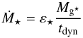 \begin{equation} \dot{M}_{\star} = \varepsilon_{\star}\dfrac{M_\sfg}{t_{\rm dyn}} \label{star_formation_law} \end{equation}