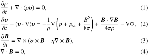 \begin{eqnarray} &&\frac{\partial \rho}{\partial t} + \mathbf{\nabla} \cdot (\rho {\vec \upsilon}) = 0,\\ &&\frac{\partial {\vec \upsilon}}{\partial t}+({\vec \upsilon} \cdot \mathbf{\nabla}) {\vec \upsilon} = - \frac{1}{\rho} \mathbf{\nabla} \left( p+p_{\rm cr} + \frac{B^{2}}{8 \pi} \right) + \frac{{\vec B} \cdot \mathbf{\nabla} {\vec B}}{4 \pi \rho} - \mathbf{\nabla} \Phi, \\ &&\frac{\partial {\vec B}}{\partial t} = \mathbf{\nabla} \times ({\vec \upsilon} \times {\vec B} - \eta \mathbf{\nabla} \times {\vec B}),\\ &&\mathbf{\nabla} \cdot {\vec B} = 0, \end{eqnarray}