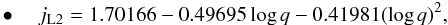 \begin{eqnarray} \label{equation:25} \bullet \quad j_{\mathrm{L2}}=1.70166-0.49695\log{q}-0.41981(\log{q})^{2}, \end{eqnarray}