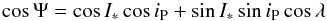 \begin{eqnarray*} \cos \Psi = \cos I_* \cos i_{\rm P} + \sin I_* \sin i_{\rm P} \cos \lambda \end{eqnarray*}