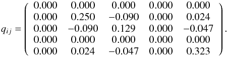 \begin{eqnarray*} q_{ij}= \left( \begin{array}{ccccc} 0.000 & 0.000 & 0.000 & 0.000 & 0.000 \\ 0.000 & 0.250 & -0.090 & 0.000 & 0.024 \\ 0.000 & -0.090 & 0.129 & 0.000 & -0.047 \\ 0.000 & 0.000 & 0.000 & 0.000 & 0.000 \\ 0.000 & 0.024 & -0.047 & 0.000 & 0.323 \\ \end{array} \right). \end{eqnarray*}