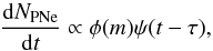 \begin{equation} \frac{{\rm{d}}N_{\rm PNe}}{{\rm{d}}t} \propto \phi(m)\psi(t-\tau), \label{eq:nps} \end{equation}