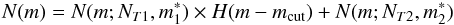 \begin{equation} \label{eq:2pnlf} N(m)=N(m;N_{T1},m^*_1)\times {H}(m-m_{\rm cut})+N(m;N_{T2},m^*_2) \end{equation}