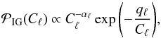 \begin{equation} \label{eq:IG-prior} \mathcal{P}_\mathrm{IG}(C_\ell) \propto C_\ell^{-\alpha_\ell} \exp{\left(-\frac{q_\ell}{C_\ell}\right)}, \end{equation}