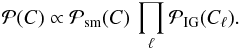 \begin{equation} \label{eq:prior-C} \mathcal{P}(C) \propto \mathcal{P}_\mathrm{sm}{(C)} \, \prod_\ell \mathcal{P}_\mathrm{IG}{(C_\ell)}. \end{equation}