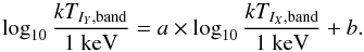 \begin{equation} \label{eq:quadfunc} \log_{10} \frac{kT_{I_{Y},\rm{band}}}{1~{\rm keV}} = a \times \log_{10} \frac{kT_{I_{X},\rm{band}}}{1~{\rm keV}} + b. \end{equation}