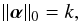 \begin{equation} \|\boldsymbol{\alpha}\|_0 = k, \end{equation}
