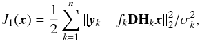 \begin{equation} J_1(\vec{x}) = \frac{1}{2}\sum_{k=1}^n{\|\vec{y}_{k}-f_k\mathbf{D}\mathbf{H}_k\vec{x}\|_2^2}/{\sigma_k^2}, \label{psfex_cost_mat} \end{equation}