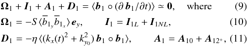 \begin{eqnarray} \label{b1budget} &&{\vec{\Omega}}_1+{\vec{I}}_1+{\vec{A}}_1+{\vec{D}}_1=\left< \vec{b}_1\circ({\partial\, \vec{b}_1}/{\partial t})\right> \simeq\bf{0}, \quad \text{where} \\ &&{\vec{\Omega}}_1=-S\langle\overline{b}_{1_y}\overline{b}_{1_x}\rangle\,\vec{e}_y, \quad \quad {\vec{I}}_1= {\vec{I}}_{1{L}}+ {\vec{I}}_{1{NL}}, \\ \label{MRIactivemode} & &{\vec{D}}_1= -\eta\,\langle (k_{x}(t)^2+k_{y_0}^2)\,\vec{b}_1\circ \vec{b}_1 \rangle, \quad \quad {\vec{A}}_1= {\vec{A}}_{10}+{\vec{A}}_{12^+},\quad\quad \end{eqnarray}