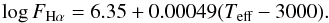 \begin{equation} \label{eq:dividing} \log F_{\rm H\alpha}=6.35 + 0.00049(T_{\rm eff}-3000) . \end{equation}