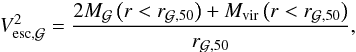 \begin{eqnarray} V_{\rm esc,\Gal}^2 = \dfrac{2M_{\Gal}\left(r<r_{\Gal,50}\right)+M_{\rm vir}\left(r<r_{\Gal,50}\right)}{r_{\Gal,50}} , \label{gal_escape_velocity} \end{eqnarray}