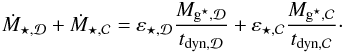 \begin{eqnarray} \dot{M}_{\star,\Disc} + \dot{M}_{\star,\Clumps} = \varepsilon_{\star,\Disc}\dfrac{{M}_{\sfg,\Disc}}{t_{\rm dyn,\Disc}} + \varepsilon_{\star,\Clumps}\dfrac{{M}_{\sfg,\Clumps}}{t_{\rm dyn,\Clumps}}\cdot \label{sfr_disc_all} \end{eqnarray}