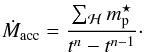 \begin{eqnarray} \dot{M}_{\rm acc} = \dfrac{\sum_{\Halo} m_{\rm p}^{\star}}{t^{n}-t^{n-1}}\cdot \label{dm_acc_rate} \end{eqnarray}