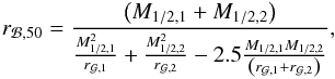 \begin{eqnarray} r_{\Bulge,50} = \dfrac{\left(M_{1/2,1} + M_{1/2,2}\right)}{\frac{M_{1/2,1}^2}{r_{\Gal,1}} + \frac{M_{1/2,2}^2}{r_{\Gal,2}} - 2.5\frac{M_{1/2,1} M_{1/2,2}}{\left(r_{\Gal,1}+r_{\Gal,2}\right)}}, \label{merger_bulge_half_mass_radius} \end{eqnarray}