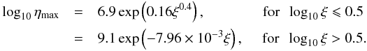 \begin{eqnarray} \label{PFM_03} \log_{10}\eta_\mathrm{max} &=& 6.9\exp\left(0.16\xi^{0.4}\right) , \quad\quad\ \,\ \ \quad\mathrm{for}\ \ \log_{10}\xi\leqslant 0.5 \nonumber \\ &=& 9.1\exp\left(-7.96\times 10^{-3}\xi\right) , \ \quad\mathrm{for}\ \ \log_{10}\xi > 0.5 . \end{eqnarray}