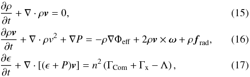 \begin{eqnarray} \label{NH_01A} && \frac{\partial\rho}{\partial{}t} + \nabla\cdot\rho\vec{v} = 0 , \\ \label{NH_01B} && \frac{\partial\rho\vec{v}}{\partial{}t} + \nabla\cdot\rho v^2+\nabla{}P= -\rho{}\nabla\Phi_\mathrm{eff} + 2\rho{}\vec{v}\times\vec{\omega} + \rho{}\vec{f}_\mathrm{rad} , \\ \label{NH_01C} && \frac{\partial\epsilon}{\partial{}t} + \nabla\cdot\left[(\epsilon+P)\vec{v}\right] = n^2\left(\Gamma_\mathrm{Com}+\Gamma_\mathrm{x}-\Lambda\right) , \end{eqnarray}