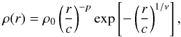 \begin{equation} \rho(r) = \rho_0\left(\frac{r}{c}\right)^{-p}\exp\left[-\left(\frac{r}{c}\right)^{1/\nu}\right], \label{eq:rho} \end{equation}