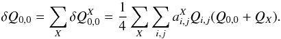 \begin{equation} \delta Q_{0,0} = \sum_X \delta Q^X_{0,0} = \frac{1}{4}\sum_X \sum_{i,j} a^X_{i,j} Q_{i,j} (Q_{0,0} + Q_X). \label{eq:scrambling_model} \end{equation}