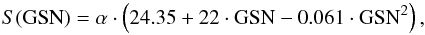 \begin{equation} S({\rm GSN})=\alpha \cdot \left(24.35+22 \cdot {\rm GSN}-0.061 \cdot {\rm GSN}^2\right), \end{equation}