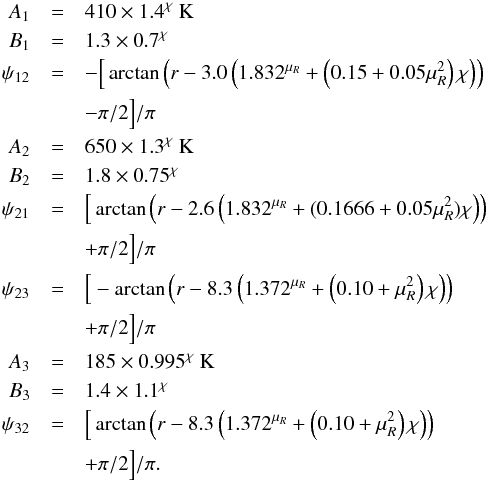 \appendix \setcounter{section}{1} \begin{eqnarray} \label{eq:Thigh} A_1 &=& 410 \times 1.4^\chi~{\rm K} \nonumber \\ B_1 &=& 1.3 \times 0.7^\chi \nonumber \\ \psi_{12} &=& - \Big[ \arctan \left( r- 3.0 \left( 1.832^{\mu_R} + \left(0.15+0.05\mu_R^2\right) \chi\right) \right) \nonumber\\ &&- \pi/2 \Big] /\pi \nonumber \\ A_2 &=& 650 \times 1.3^\chi~{\rm K} \nonumber \\ B_2 &=& 1.8 \times 0.75^\chi \nonumber \\ \psi_{21} &=& \Big[ \arctan \left( r- 2.6 \left(1.832^{\mu_R}+(0.1666+0.05\mu_R^2) \chi\right)\right) \nonumber \\ &&+ \pi/2 \Big] /\pi \nonumber \\ \psi_{23} &=& \Big[ -\arctan \left( r- 8.3 \left( 1.372^{\mu_R} + \left(0.10+\mu_R^2\right) \chi\right)\right) \nonumber \\ &&+ \pi/2 \Big]/\pi \nonumber \\ A_3 &=& 185 \times 0.995^\chi~{\rm K} \nonumber \\ B_3 &=& 1.4 \times 1.1^\chi \nonumber \\ \psi_{32} &=& \Big[ \arctan \left(r- 8.3 \left(1.372^{\mu_R} + \left(0.10+\mu_R^2\right) \chi \right) \right)\nonumber \\ &&+ \pi/2 \Big] /\pi . \end{eqnarray}