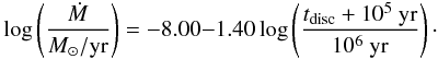 \appendix \setcounter{section}{1} \begin{eqnarray} \label{eq:harttimenew} \log \left( \frac{\dot{M}}{M_\odot /\text{yr}} \right) = -8.00{-}1.40 \log \left( \frac{t_{\rm disc}+10^5\text{ yr}}{10^6 \text{ yr}} \right) \cdot \end{eqnarray}