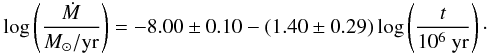 \begin{eqnarray} \label{eq:harttime} \log \left( \frac{\dot{M}}{M_\odot /\text{yr}} \right) = -8.00 \pm 0.10 - (1.40 \pm 0.29) \log \left( \frac{t}{10^6~\text{yr}} \right) \cdot \end{eqnarray}