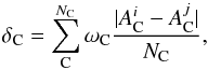 \begin{eqnarray} \delta_{\rm C} = \sum_{\rm C}^{N_{\rm C}} \omega_{\rm C} \frac{|A_{\rm C}^{i}-A_{\rm C}^{j}|}{N_{\rm C}}, \label{ct} \end{eqnarray}