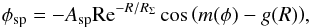 \begin{eqnarray} \phi_{\rm sp}= -A_{\rm sp}{\rm Re}^{-R/R_{\Sigma}}\cos{\left(m(\phi)-g(R) \right) }, \label{speq} \end{eqnarray}