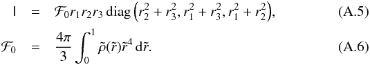 \appendix \setcounter{section}{1} \begin{eqnarray} \tens I&= & \mathcal F_0 r_1r_2r_3\mathop{\mathrm{diag}}\Big(r_2^2+r_3^2,r_1^2+r_3^2,r_1^2+r_2^2\Big),\\ \mathcal F_0&=&\frac{4\pi}3 \int_0^1 \tilde\rho(\tilde r)\tilde r^4\,\mathrm d\tilde r. \end{eqnarray}