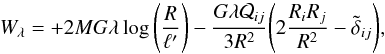 \appendix \setcounter{section}{1} \begin{eqnarray} \label{eq:W-tidal-linear} W_\lambda=+2MG\lambda\log\Bigg(\frac R{\ell'}\Bigg)-\frac{G\lambda\mathcal Q_{ij}}{3R^2}\Bigg(2\frac{R_iR_j}{R^2}-\tilde\delta_{ij}\Bigg), \end{eqnarray}