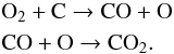 \begin{eqnarray*} &&\rm O_2 + C \rightarrow CO + O \\ &&\rm CO + O \rightarrow CO_2. \end{eqnarray*}