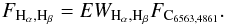 \begin{eqnarray} F_{\mathrm{H_{\alpha},H_{\beta}}}=EW_{\mathrm{H_{\alpha},H_{\beta}}}F_{\mathrm{C_{6563,4861}}}. \end{eqnarray}