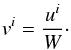 \begin{eqnarray} v^i = \frac{u^i}{W}\cdot \label{eqn:EulervfromProperu} \end{eqnarray}