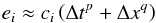 \begin{eqnarray} e_i\approx c_i\left(\Delta t^p + \Delta x^q\right) \end{eqnarray}