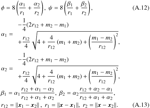\appendix \setcounter{section}{1} \begin{eqnarray} && \phi=8\left( \frac{\alpha_1}{r_1} + \frac{\alpha_2}{r_2} \right) ,\;\psi=8\left( \frac{\beta_1}{r_1} + \frac{\beta_2}{r_2} \right), \\ && \alpha_1 = \begin{array}{l} \displaystyle -\frac{1}{4}(2r_{12}+m_2-m_1)\\ \displaystyle + \frac{r_{12}}{4}\sqrt{4+\frac{4}{r_{12}}\,(m_1+m_2) + \left( \frac{m_1-m_2}{r_{12}} \right )^2 }, \end{array} \nonumber \\ && \alpha_2 = \begin{array}{l} \displaystyle -\frac{1}{4}(2r_{12}+m_1-m_2)\\ \displaystyle + \frac{r_{12}}{4}\sqrt{4+\frac{4}{r_{12}}\,(m_1+m_2) + \left( \frac{m_1-m_2}{r_{12}} \right )^2}, \end{array}\nonumber \\ && \beta_1 = \alpha_1\frac{r_{12} + \alpha_1 - \alpha_2 }{r_{12}+\alpha_1+\alpha_2},\; \beta_2=\alpha_2\frac{r_{12} + \alpha_2 - \alpha_1 }{r_{12}+\alpha_1+\alpha_2},\nonumber \\ && r_{12} = \lVert\vec{x}_1-\vec{x}_2\rVert\,,\;r_{1}=\lVert\vec{x}-\vec{x}_1\rVert,\; r_{2}=\lVert\vec{x}-\vec{x}_2\rVert. \label{eqn:BrillLindquist} \end{eqnarray}